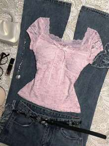 Blusa de encaje de unicolor elegante para mujer, de verano - Rosa - Ver 3