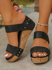 Korean Style Peep-Toe High Heel Slippers For Women, Summer Thick Bottom Waterproof Platform Chunky Heel Rivet Crossed Velvet Wedge Sandals - Black - View 6
