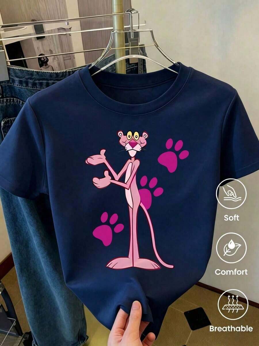 Playera gráfica casual juveniCamiseta de cuello redondo y mangas cortas de ropa fashion, fabricada en México, para la temporada primavera-verano 2026. Con estampado de dibujos animados, es un modelo de pareja, apta para usar tanto por dentro como por fuera, ideal para oficina y estilo casual, diseñada para hombres y mujeres, en unidad individual. - Azul oscuro - Ver 1