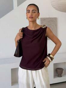 Blusa de satén sin mangas con pliegues para mujer - Café integral 2 - Ver 4