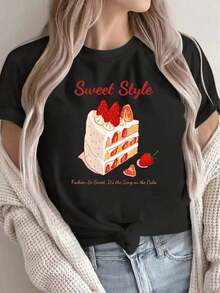 Camiseta de mujer, con un divertido estampado de pastel, en color blanco. Esta camiseta casual de corte holgado tiene mangas cortas y es un excelente regalo para Halloween o para amantes de los postres. Es ligero y cómodo, perfecto para el hogar, cafeterías o salidas. Camiseta de algodón unisex, holgada, cómoda, estilo vintage urbano. - Negro - Ver 1