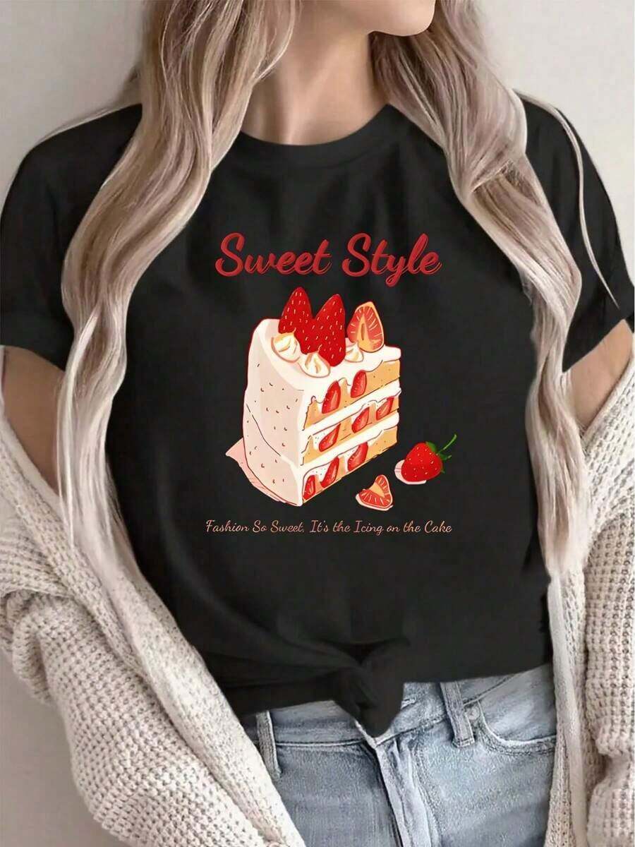 Camiseta de mujer, con un divertido estampado de pastel, en color blanco. Esta camiseta casual de corte holgado tiene mangas cortas y es un excelente regalo para Halloween o para amantes de los postres. Es ligero y cómodo, perfecto para el hogar, cafeterías o salidas. Camiseta de algodón unisex, holgada, cómoda, estilo vintage urbano. - Negro - Ver 1