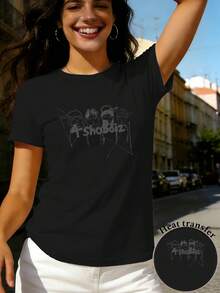 Women's Regular Fit Short Sleeve T-Shirt - 2D Geometric Graphic Print With Four Cartoon Character Heads And "4ShoBoiz" Text In The Center, Casual Short Sleeve Crew Neck Top, Suitable For All Seasons, Available In Multiple Colors And Sizes - High Quality - 黑色 - 查看 7