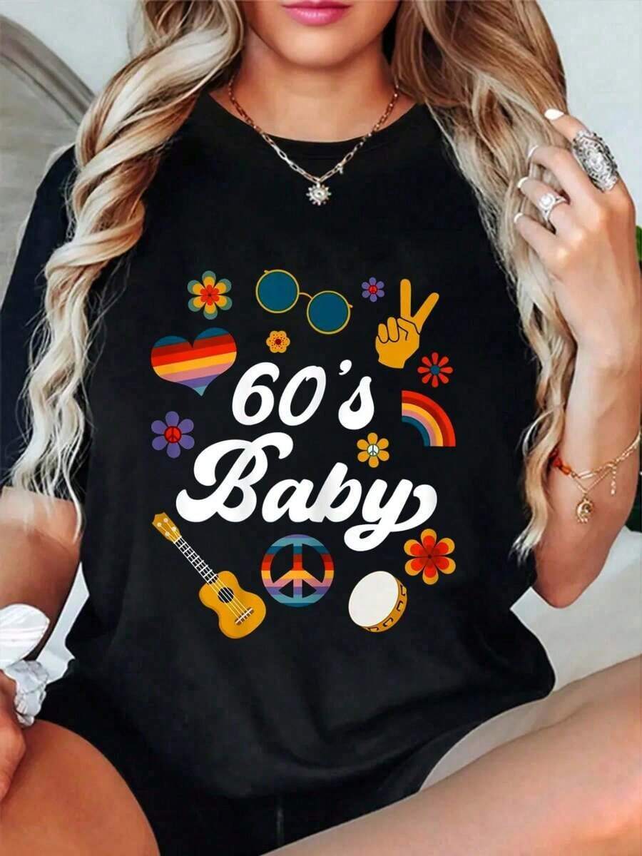 100% Algodón, Camiseta Vintage de los 60s para Fiesta de Disfraces, Temática Hippie de los 60, blusas para mujer, Camisetas Gráficas de Verano para Mujer, Camiseta Casual Estampada para Mujer, Manga Corta y Cuello Redondo, Moda Urbana Local de Primavera/Verano. - Negro - Ver 1