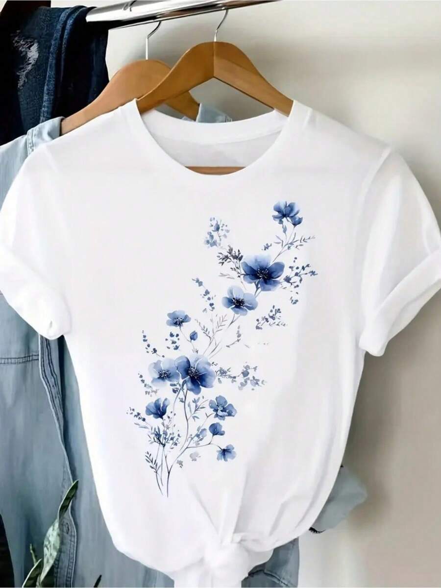 Camiseta sin cuello | Elegante diseño floral, camiseta básica suave para uso diario, adecuada para primavera/otoño/verano, camisa casual y bonita, mangas cortas, ajuste cómodo, top versátil, material transpirable, camisa con estilo, no es una blusa de moda para mujer. Camisetas gráficas de verano para mujer. Camiseta casual estampada para mujer, manga corta y cuello redondo, moda urbana local de primavera/verano. - Blanco - Ver 1