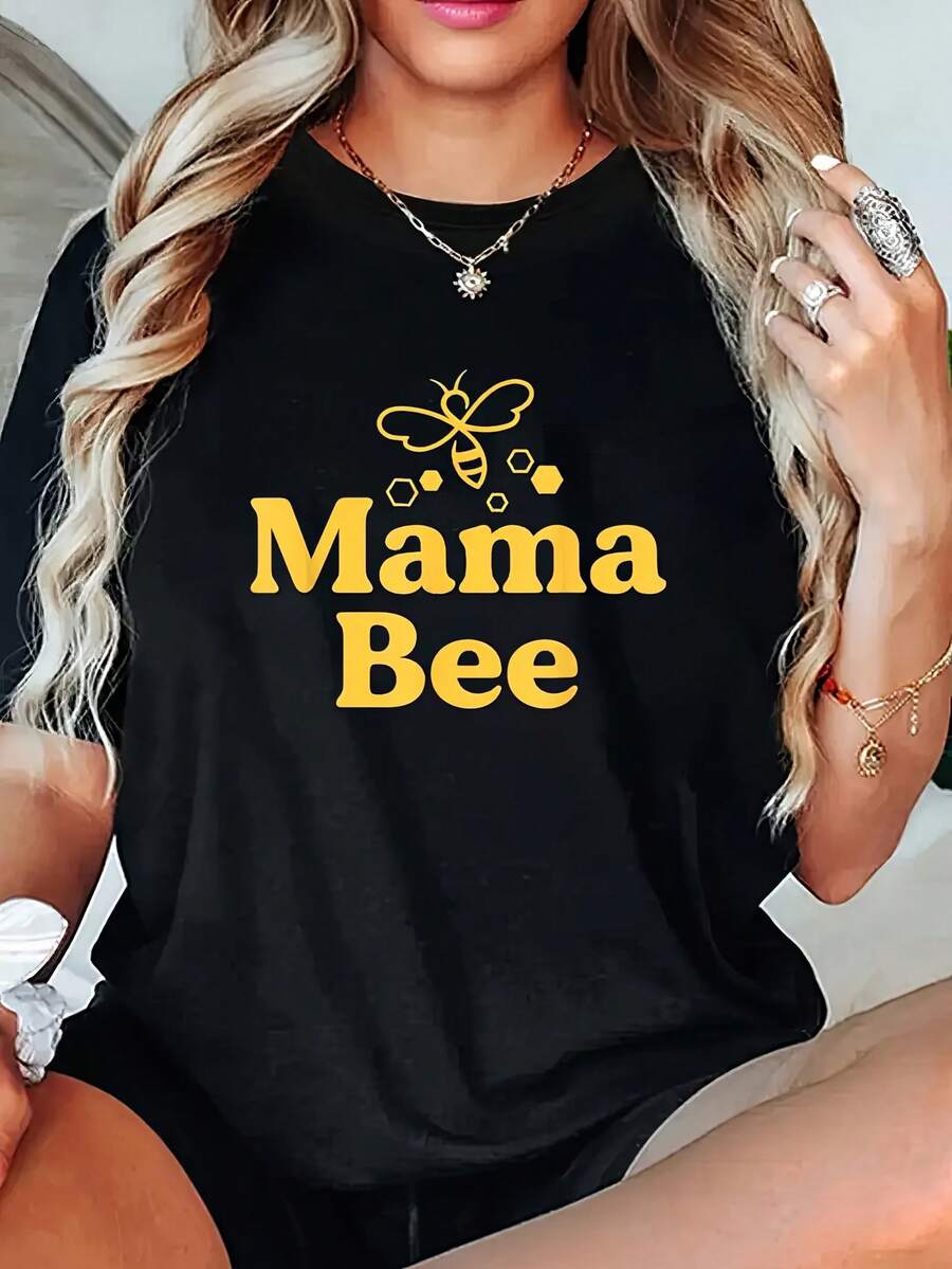 Camiseta casual de manga corta y cuello redondo con diseño estampado, perfecta para el verano y la primavera, diseñada para mujeres. - Negro - Ver 1