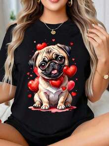 One-Piece Plus-Size Valentine's Day T-Shirt With Dog Paw Prints And Love Messages, Perfect For Dog Lovers. This Adorable Pet Design T-Shirt Features Romantic Phrases And Hearts, Making It Ideal For Valentine's Day And Pet Owners. Made From 180g Soft Cotton. - Black4 - 查看 7