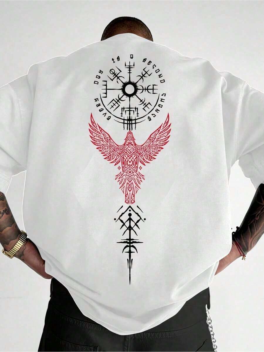 1 PACK Casual 100% Cotton Tee, Viking Vegvisir Raven Rune Tattoo Back Print Short Sleeve Top, Summer Biker Street Outfit - White - View 1