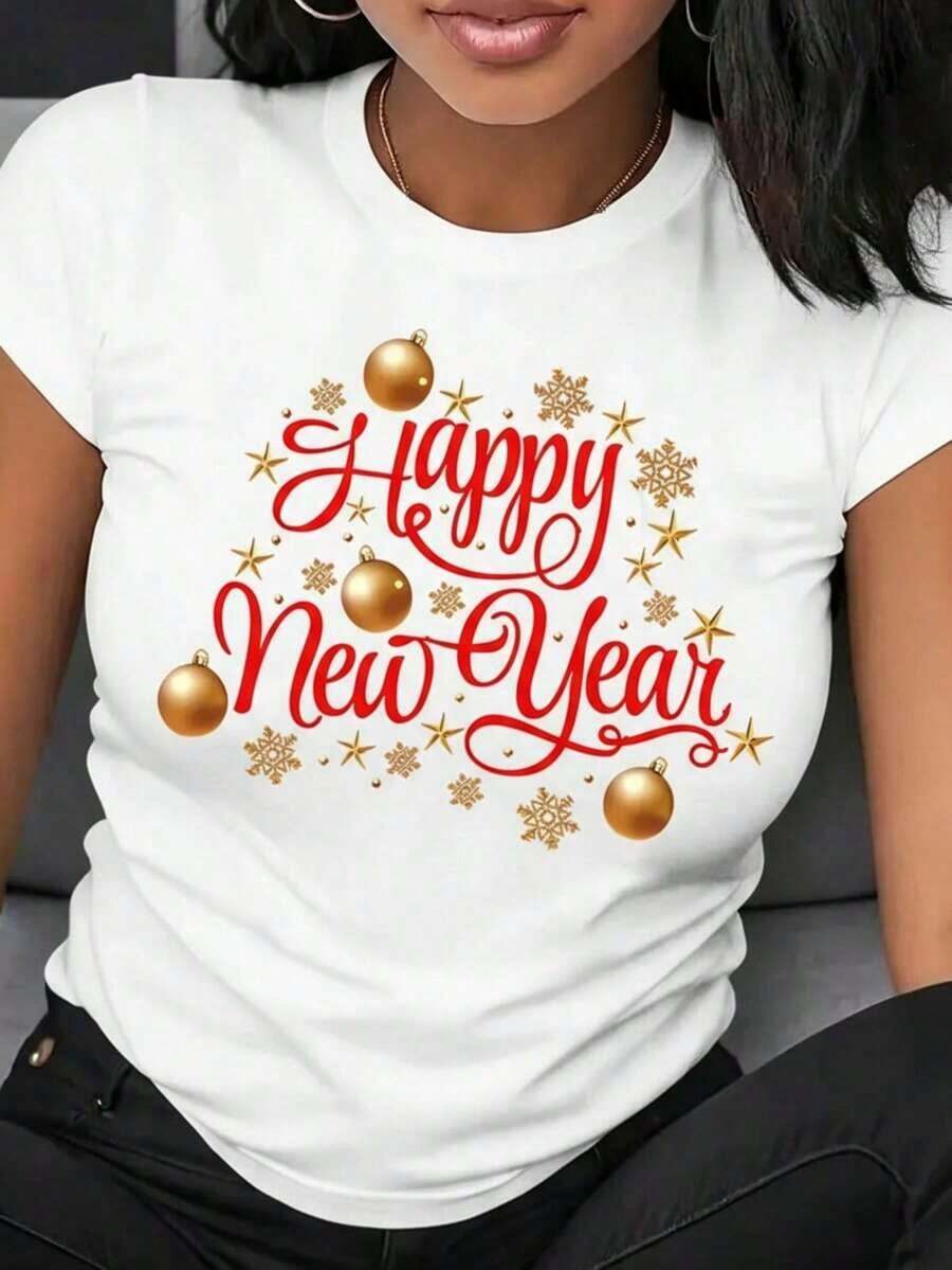 NewSummerCasual Happy New Year Print T-Shirt, Regular Fit Crew Neck Short Sleeve Soft Party-Vintage Street Style Unisex Loose Cotton Short Sleeve Crew Neck T-Shirt - 白色的 - 查看 1