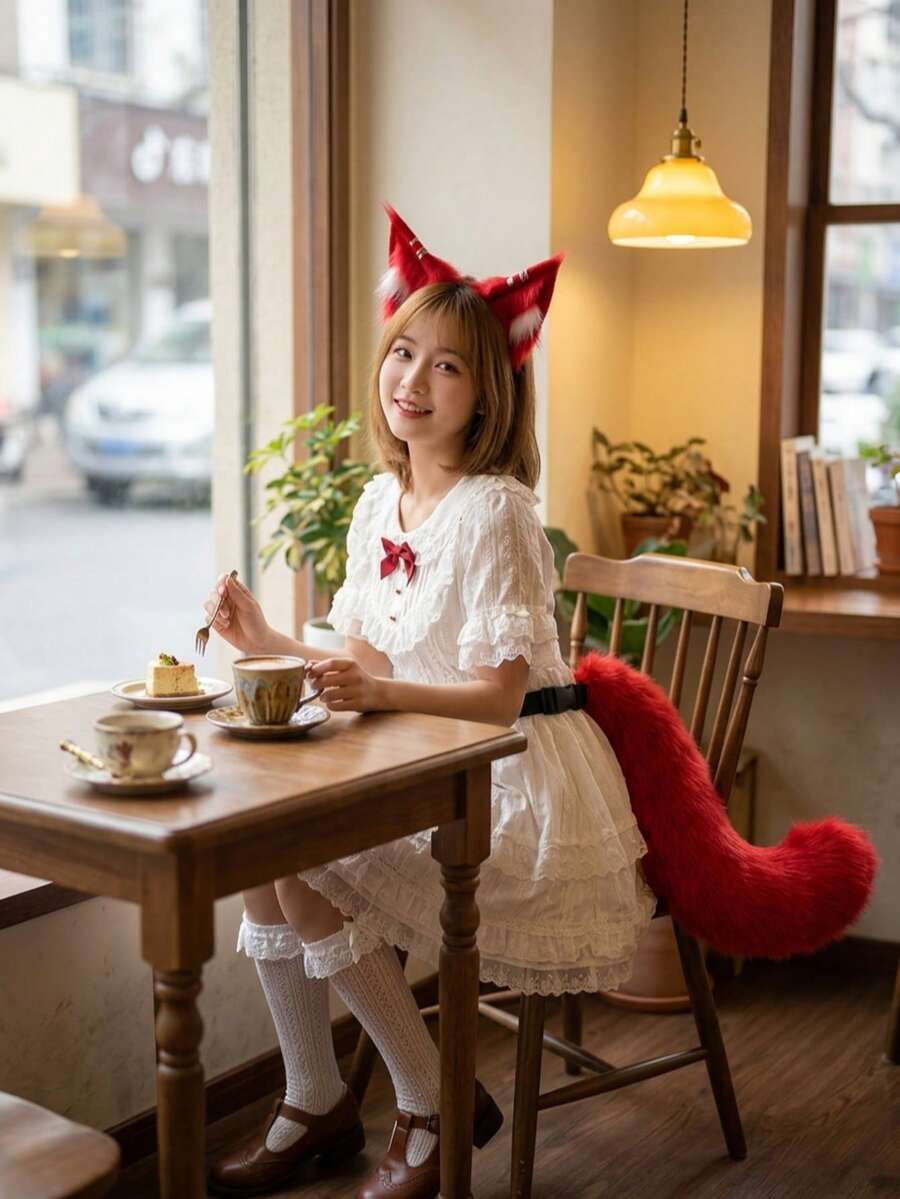個性化毛絨狐狸裝飾配件,可拆卸狐狸耳朵髮箍與尾巴,蘿莉塔動物裝扮配件,適用於遊樂園、直播、派對 - 狐狸 - 查看 1