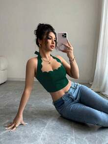 Top corto con escote halter, volantes y amarres en negro para mujer, ideal para vacaciones - Verde Oscuro - Ver 8