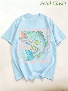Women's Oversized Bass Fish Print T-Shirt, 100% Cotton, 180G Casual Summer Tops, Elegant Loose Fit Fishing Tee, 4th Of July ,Vacation Casual Tee - 淺藍色 - 查看 2
