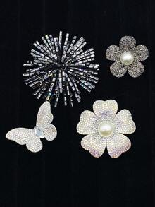 4件套黑白镶钻花朵蝴蝶DIY缝纫装饰，适用于服装、鞋子、包包、发饰等。 - 黑白 - 查看 11