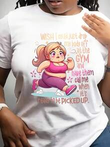 Plus Size - Women's Plus Size Gymnast Graphic Tee - Inspirational Design "I Wish I Could Leave My Body At The Airport And Get A Call To Pick Me Up." Casual Crew Neck, Short Sleeves, All-Season Clothing, Shirts. - [白色的] - 查看 6