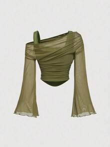 Top de mujer manga trompeta de 2 en 1 con hombros descubiertos de malla color albaricoque, estilo occidental, vintage, 70s, The Bachelorette - Verde militar - Ver 2