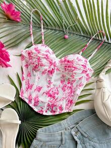Top de camisola de malla con estampado floral vintage romántico para mujeres, adecuado para vacaciones, citas, té de la tarde, vacaciones, festivales de música, estilo bohemio, primavera/verano - Rosa Pálido - Ver 4