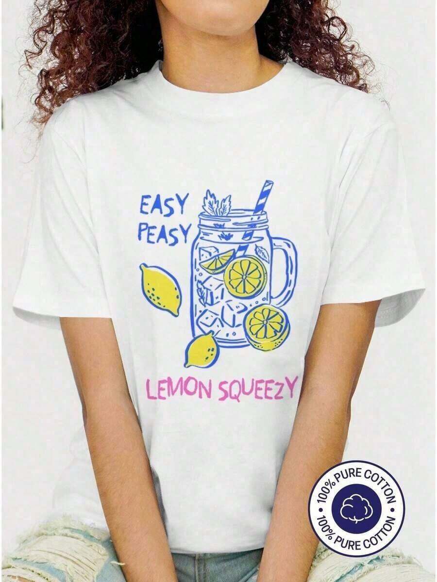 Camiseta Casual "Easy Peasy Lemon Squeezy" con Gráfico Retro de Limonada, Linda Camiseta con Estampado de Frutas de Verano, Camiseta Casual de Algodón 100% con Cuello Redondo para Mujer, Ideal para Festivales y Conciertos Campestres, Transpirable, 100% Algodón, Top Casual de Verano para Uso Diario, 100% Algodón, Duradera. - Blanco - Ver 1