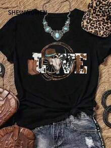 Respirable Camisa Casual de Verano para Mujer, Corte Holgado, Estilo Denim, Estampado con la Letra LOVE, Cuello Redondo, Manga Corta, Ideal para Fiestas al Aire Libre en Primavera y Verano, Oferta por Tiempo Limitado, top deportivo mujer - Negro - Ver 7