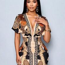 Women's Elegant Chain Print High Slit Thigh Bodycon Dress, Sexy Deep V-Neck, High Waisted Print Batwing Sleeve Dress Unique Dress - Marrón - Ver 7