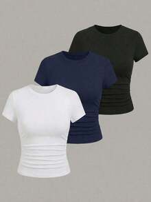 1 pieza Camiseta de manga corta informal de unicolor para mujer - Multicolor 8 - Ver 6