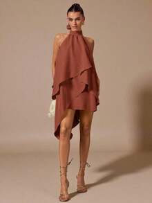 Vestido de satén de línea A con escote halter y espalda descubierta de unicolor amarillo/crema, adecuado para primavera/verano, vacaciones, playa, invitada elegante de boda, fiestas, ocasiones de otoño/invierno, Navidad elegante, Halloween - Marrón - Ver 6