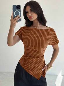 Blusa asimétrica casual y elegante a cuadros, adecuada para ir al trabajo, uso casual diario y vestimenta de negocios de moda para mujer / Vuelta al colegio / Profesora / Blusas para salir / Blusas para salir / Mujer de negocios casual / Camisa a - Marrón - Ver 7