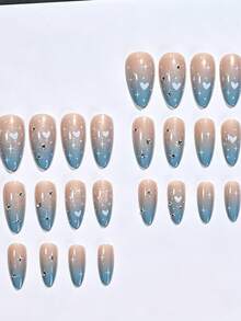 24 piezas de uñas postizas de almendra azul degradado con cobertura completa, brillantes, uñas falsas con corazón y estrella de strass, puntas de uñas falsas reutilizables - Multicolor - Ver 5
