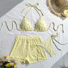 Bikini Sexy de 3 Piezas para Mujer, Halter con Cordones, Color Sólido – Traje de Baño 2026 - 9378 Juego de tres piezas azul - Ver 7