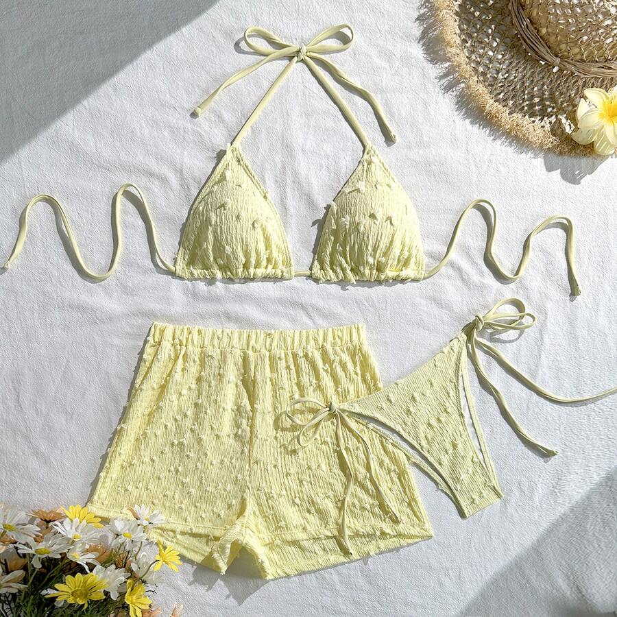 Bikini Sexy de 3 Piezas para Mujer, Halter con Cordones, Color Sólido – Traje de Baño 2026 - 9378 Juego de tres piezas amarillo claro - Ver 1