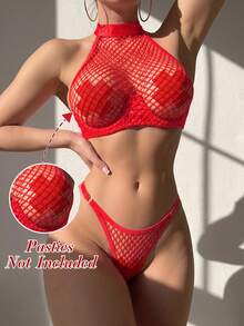 Conjunto de lencería de camisola y tanga de malla y parches sexy para mujeres - Rojo - Ver 2