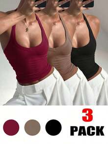 Set de 3 camisetas de tirantes finos acanaladas, versátiles y sexys para mujer, para primavera/verano - Negro, marrón, rojo vino - Ver 12