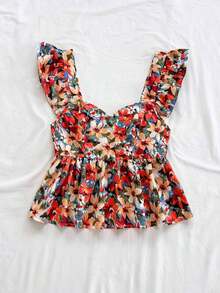Blusa de corte de línea A con cuello cuadrado, manga corta y estampado retro azul y blanco, adecuada para fiestas, citas, el Día de San Valentín, el té de la tarde - Multicolor - Ver 3