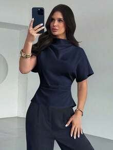 Blusa de bambú y lino con cuello arrugado, mangas asimétricas, plisado lateral y cintura ceñida, para uso diario, color albaricoque, para todas las estaciones - Azul marino - Ver 6