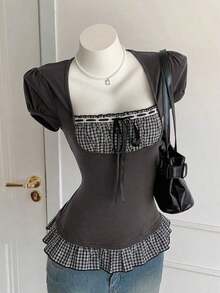 Blusa de verano elegante con volantes en el bajo, estampado de flores diminutas y parches - Gris Oscuro - Ver 8