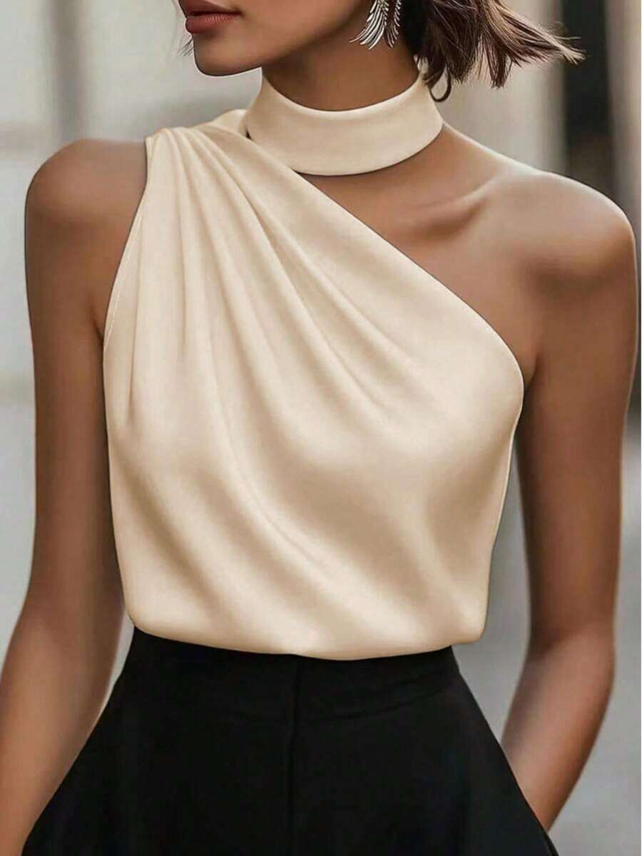 1 pieza Blusa elegante sin mangas de satén de unicolor con volantes asimétricos/asimétricos, adecuada para verano, vacaciones, oficina, hogar, uso diario, fiesta de cumpleaños, eventos formales y casuales - Champán - Ver 1