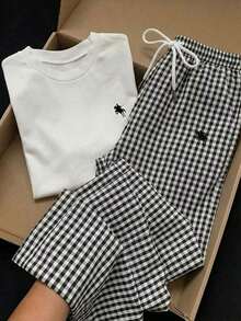 2 piezas Conjunto de top de manga corta con estampado floral bordado falso y rayas y pantalones a rayas, atuendo casual adecuado para el uso diario, citas, fiestas, otoño/invierno/verano, Navidad, Año Nuevo, Acción de Gracias, fiestas, bodas, - Multicolor 4 - Ver 1