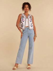 Chaleco ligero de mujer con bordado floral y de loro, chaleco bohemio, chaleco floral, estilo casual de mujer, atuendo para salir, atuendos elegantes, estilo campestre para mujer, atuendos casuales, chaleco elegante - Blanco - Ver 4