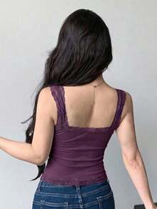 Camiseta ajustada sin mangas con adorno de encaje y atar para mujeres - Morado - Ver 2