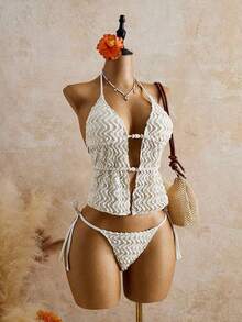 Bellisia Top de bikini de mujer de punto texturizado marrón con cuentas y piedras - Multicolor - Ver 3