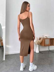 Vestido de espalda abierta de muslo con abertura - Marrón Mocha - Ver 2