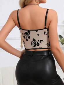 1 pieza Nueva Camiseta de Tirantes Ajustada de Malla Transparente con Estampado Floral, Corpiño Ajustado Sexy para Mujer, Adecuado para Fiesta, Cita, Vacaciones, Navidad, Halloween, Día de San Valentín, Acción de Gracias, Regalo de Año Nuevo Casual V - Albaricoque - Ver 6