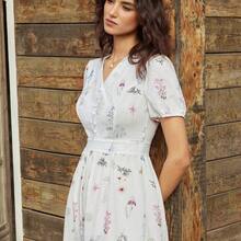 Women's Summer French Elegant Casual Design Lace Patchwork V-Neck Short Sleeve Waist Cinched Long Textured Print Casual Dress Women's Floral Midi Dress Elegant Floral Dress - Rosa Pálido - Ver 6