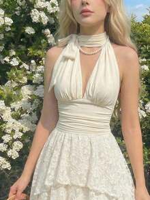 Blusa de halter de unicolor plisada, de uso versátil y casual para uso diario - Albaricoque - Ver 8