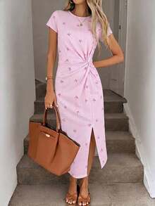 Vestido midi sin mangas con abertura alta, estampado elegante de lazo a rayas rosa, estilo minimalista casual; Vestido de punto de textura casual ajustado para mujer; Conjunto de fitness para mujer; Vestido de invitada de boda para mujer; Atuen - Multicolor 8 - Ver 4