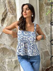 Camiseta sin mangas con volantes y estampado de lunares para vacaciones - Azul 2 - Ver 5