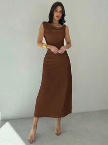 Vestido midi con volantes en la cintura y tirantes blancos para mujer, versátil - elegante para el trabajo, sexy para las vacaciones, con estilo de vanguardia, para primavera/verano, adecuado para el trabajo, elegante, sexy, vacaciones, playa, Haw - Marrón - Ver 4