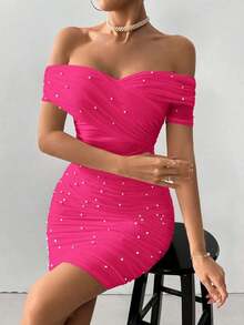 Vestido ajustado para mujer con hombros abiertos, manga corta y adornos con cuentas - Rosa Fucsia - Ver 6