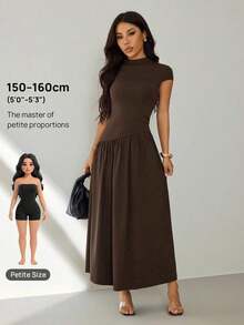Vestido casual largo plisado de manga abullonada y cuello alto en unicolor para mujer, de verano - Marrón - Ver 9