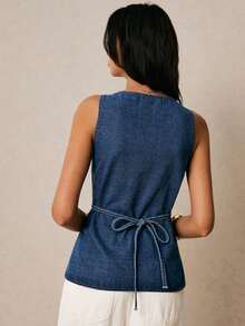 Blusa de mezclilla informal sin mangas de cuello cuadrado y abotonadura sencilla para mujer - Azul lavado oscuro - Ver 2