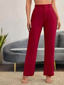 Pantalones rectos casuales lisos para mujer, para uso diario en otoño/invierno - Rojo - Ver 7